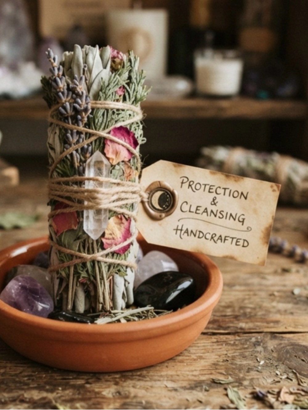Handcrafted Protection & Cleansing Sage Bundle with Crystal